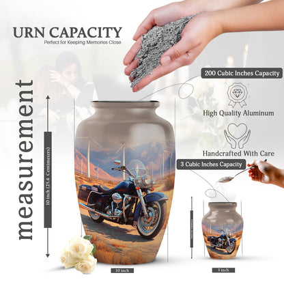 Champagne Gold Bike Cremation Urn close-up of engraving and surface detail - timeless bike motif etched into premium metal - mini keepsake memorial for portion of cremation ashes