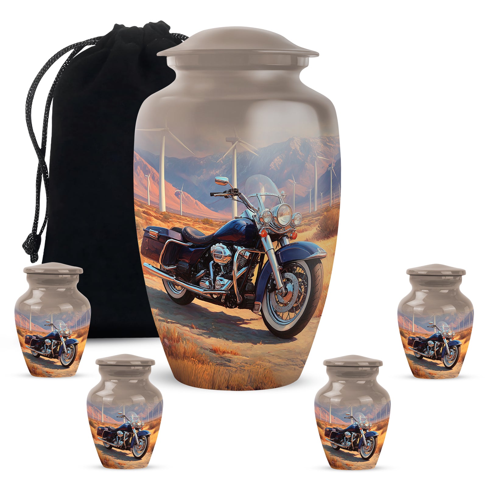 Royal Gold Bike Cremation Urn top-down view of secure threaded lid - elegant classic bike relief with fine detailing - memorial set with one large and four small urns