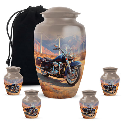 Royal Gold Bike Cremation Urn top-down view of secure threaded lid - elegant classic bike relief with fine detailing - memorial set with one large and four small urns