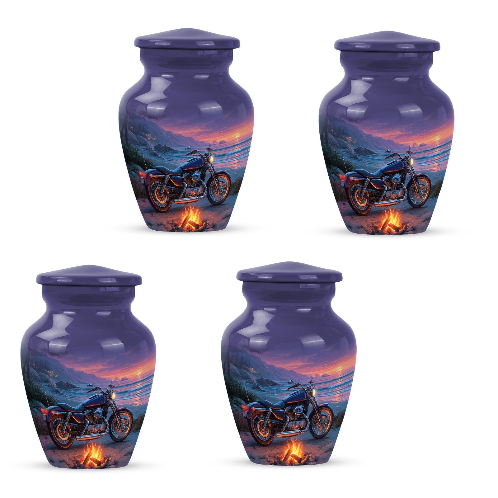 Vivid Blue Bike Cremation Urn side profile showing urn shape - elegant classic bike relief with fine detailing - 10 inch aluminum urn for cremated remains