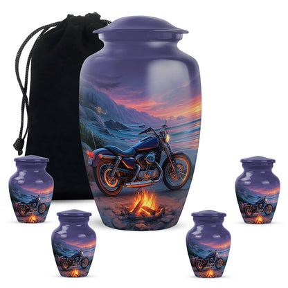 Royal Blue Bike Cremation Urn top-down view of secure threaded lid - traditional bike engraving with hand-polished finish - memorial set with one large and four small urns