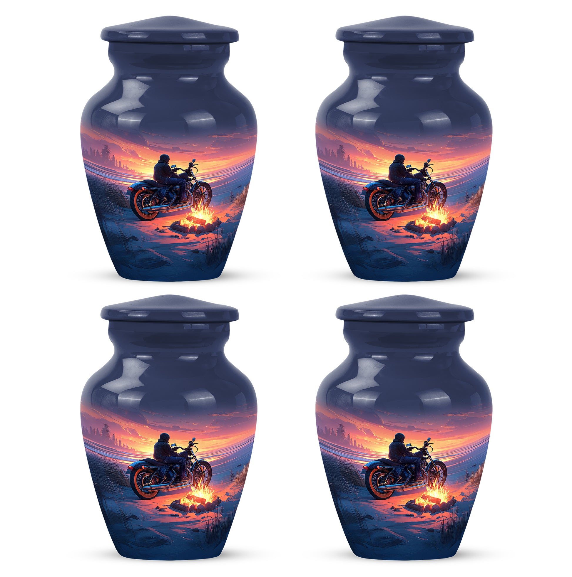 Slate Blue Bike Cremation Urn side profile showing urn shape - classic sculpted bike pattern on smooth aluminum - 10 inch aluminum urn for cremated remains