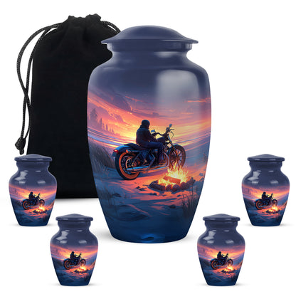 Cornflower Blue Bike Cremation Urn top-down view of secure threaded lid - traditional bike engraving with hand-polished finish - memorial set with one large and four small urns