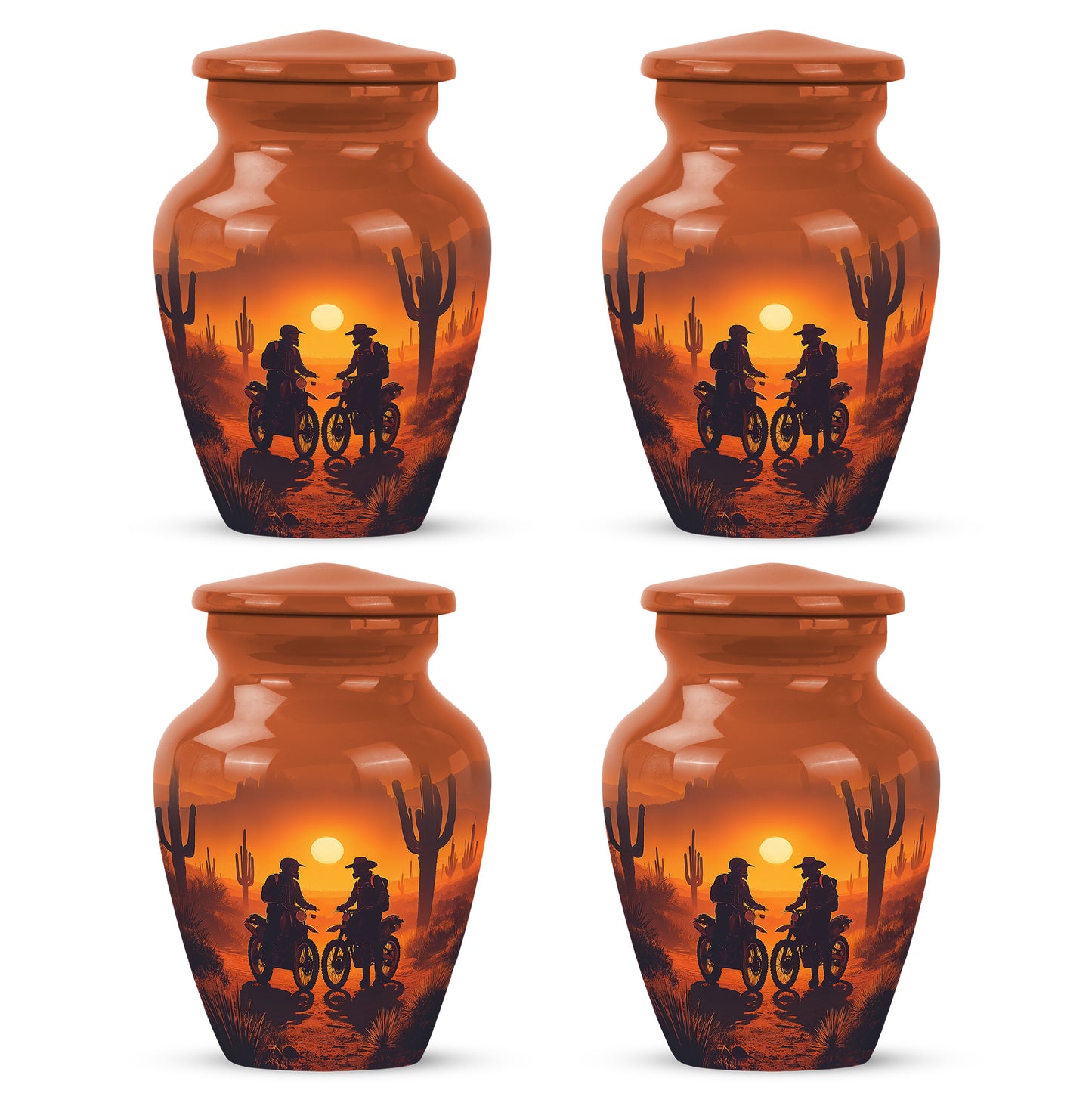 Amber Gold Bike Cremation Urn side profile showing urn shape - timeless bike motif etched into premium metal - 10 inch aluminum urn for cremated remains