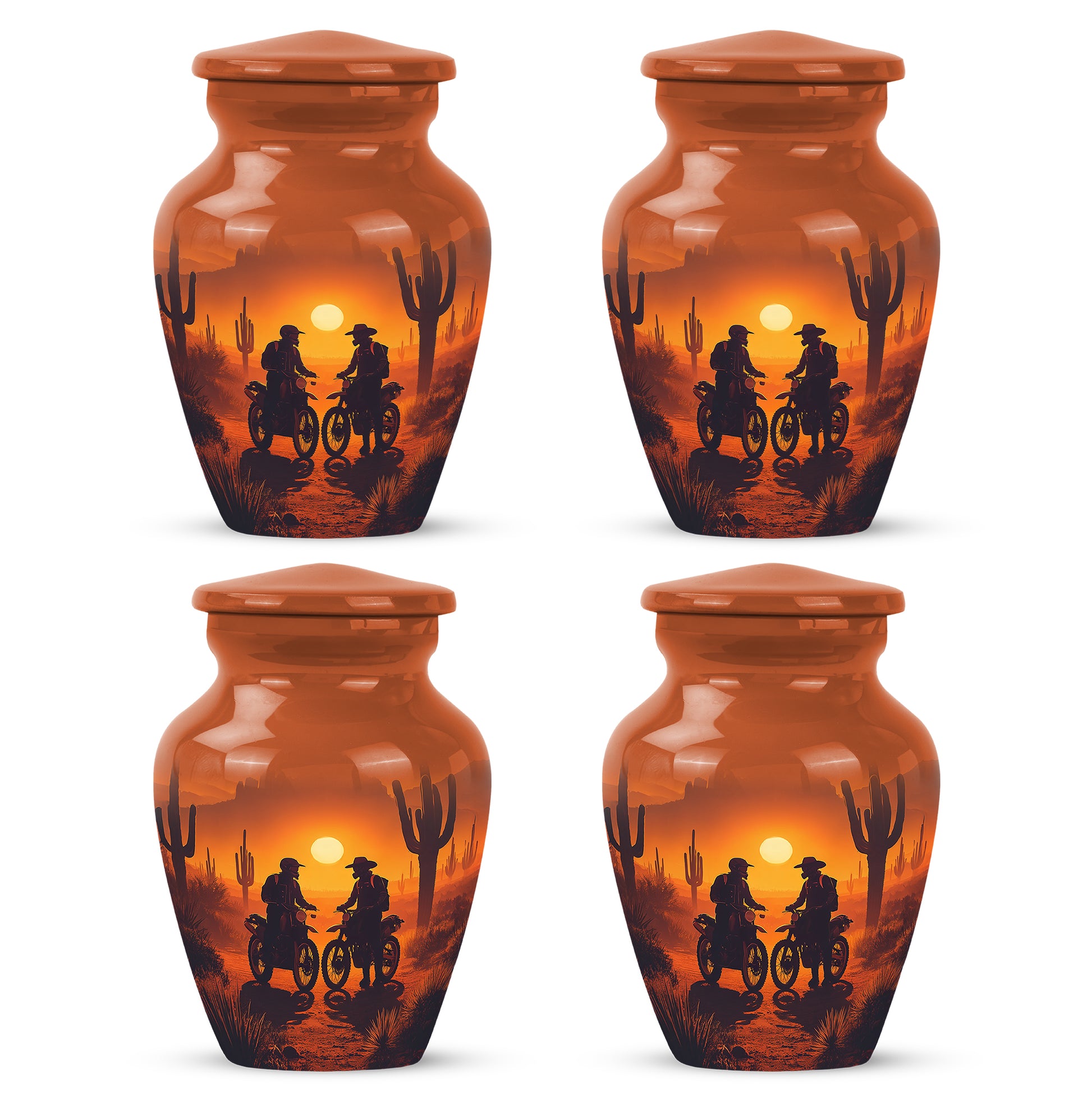Amber Gold Bike Cremation Urn side profile showing urn shape - timeless bike motif etched into premium metal - 10 inch aluminum urn for cremated remains
