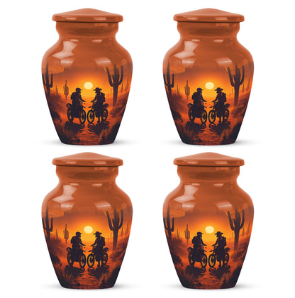 Amber Gold Bike Cremation Urn side profile showing urn shape - timeless bike motif etched into premium metal - 10 inch aluminum urn for cremated remains