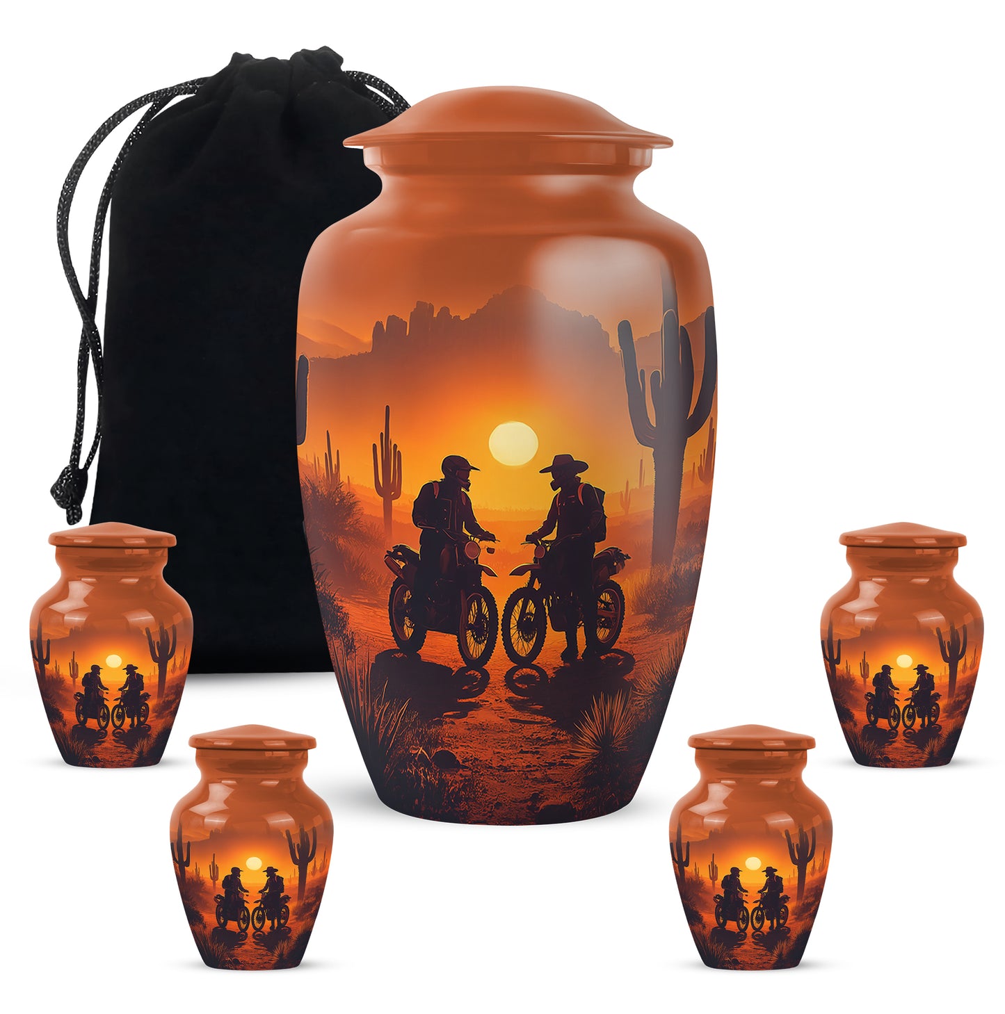 Harvest Gold Bike Cremation Urn top-down view of secure threaded lid - traditional bike engraving with hand-polished finish - memorial set with one large and four small urns