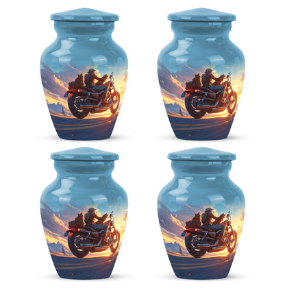 Royal Blue Bike Cremation Urn side profile showing urn shape - traditional bike engraving with hand-polished finish - 10 inch aluminum urn for cremated remains