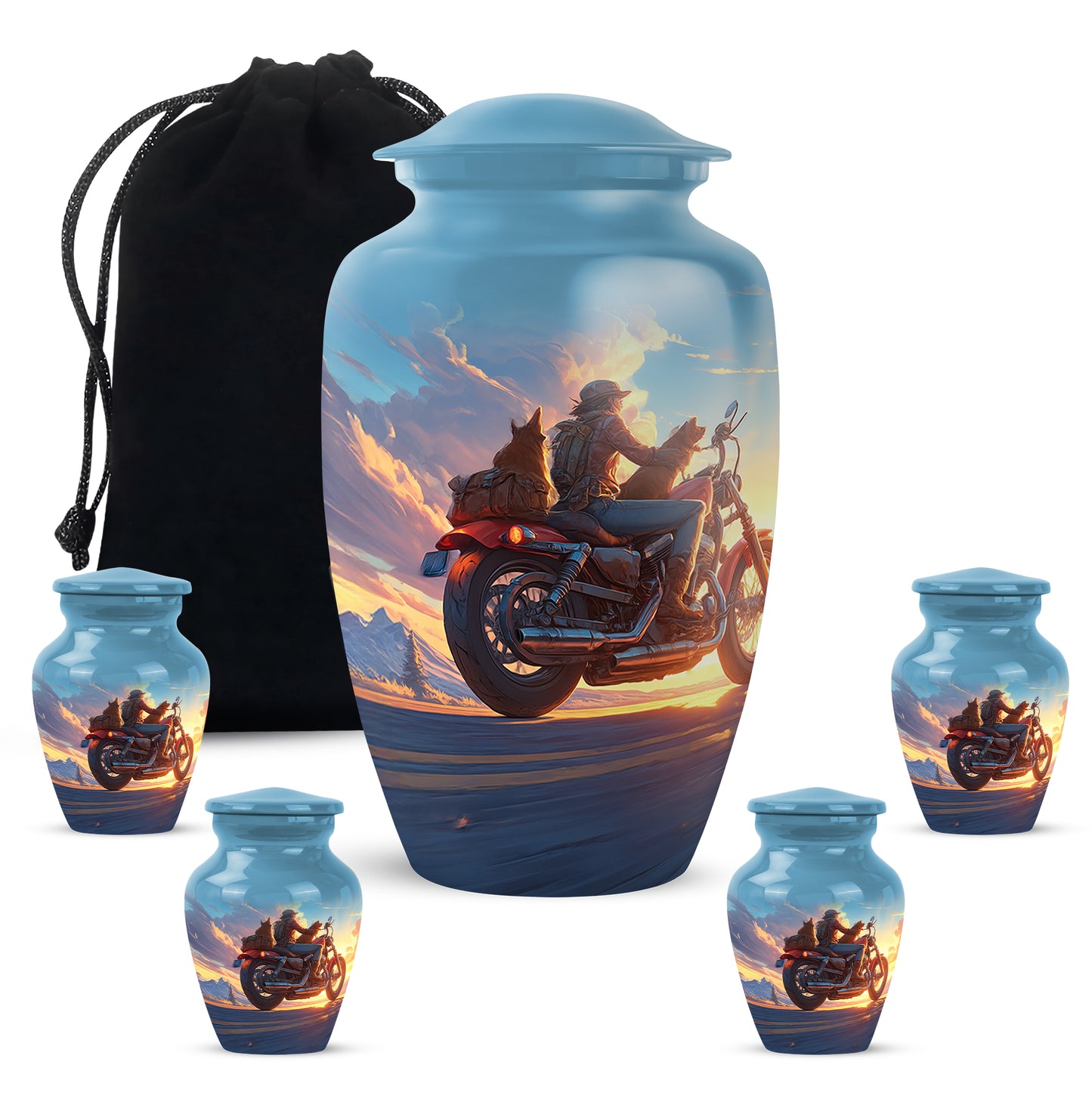 Azure Bike Cremation Urn top-down view of secure threaded lid - classic sculpted bike pattern on smooth aluminum - memorial set with one large and four small urns