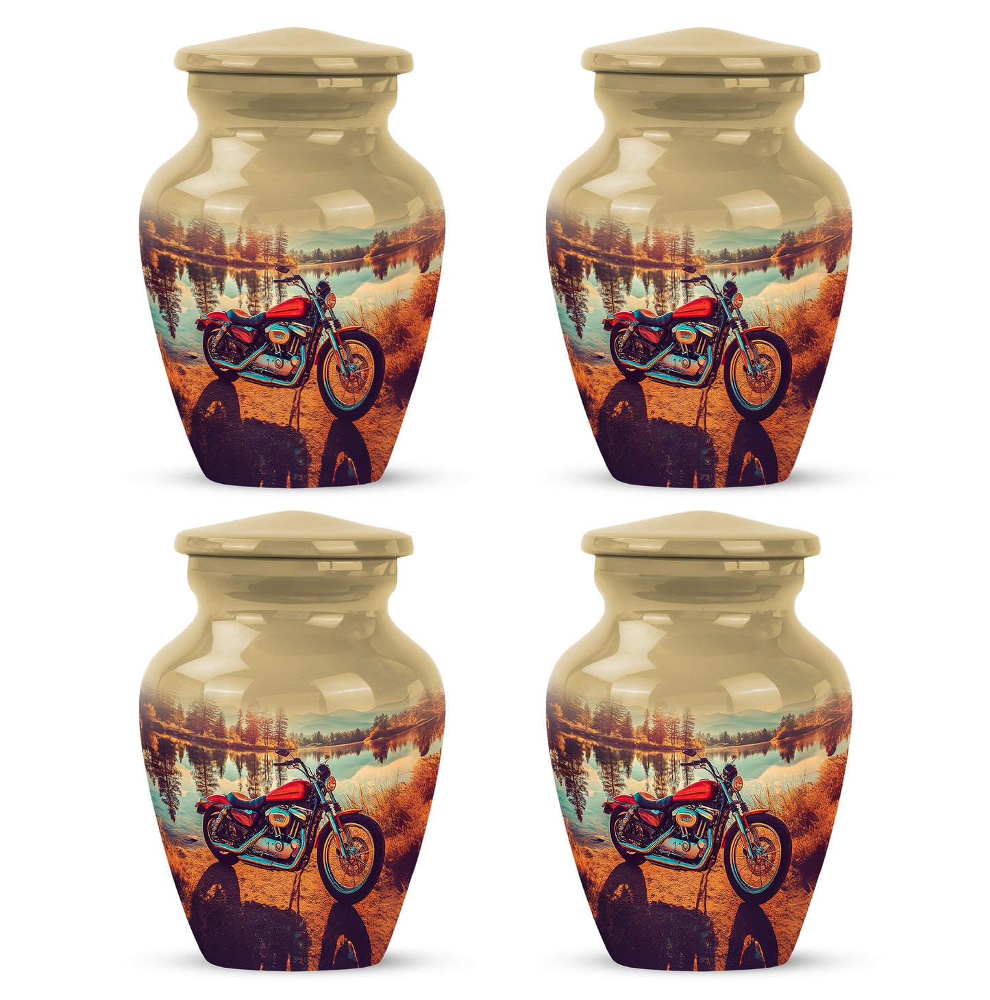 Amber Gold Bike Cremation Urn side profile showing urn shape - classic sculpted bike pattern on smooth aluminum - 10 inch aluminum urn for cremated remains