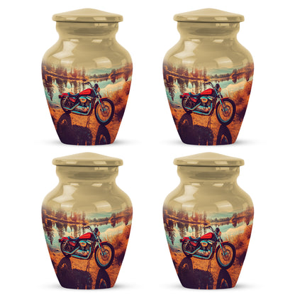Amber Gold Bike Cremation Urn side profile showing urn shape - classic sculpted bike pattern on smooth aluminum - 10 inch aluminum urn for cremated remains