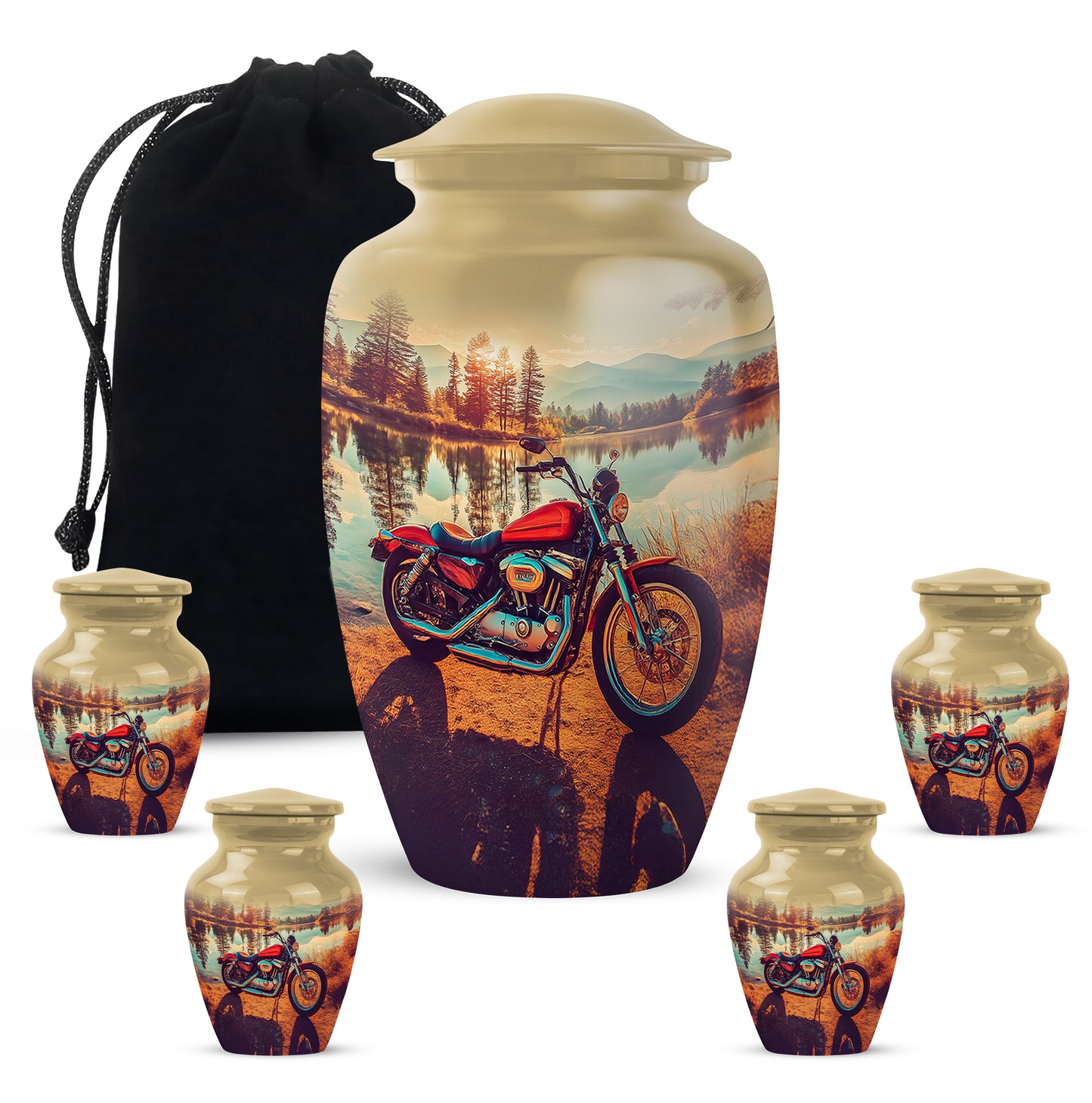 Matte Gold Bike Cremation Urn top-down view of secure threaded lid - elegant classic bike relief with fine detailing - memorial set with one large and four small urns