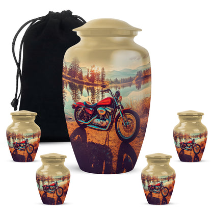 Matte Gold Bike Cremation Urn top-down view of secure threaded lid - elegant classic bike relief with fine detailing - memorial set with one large and four small urns