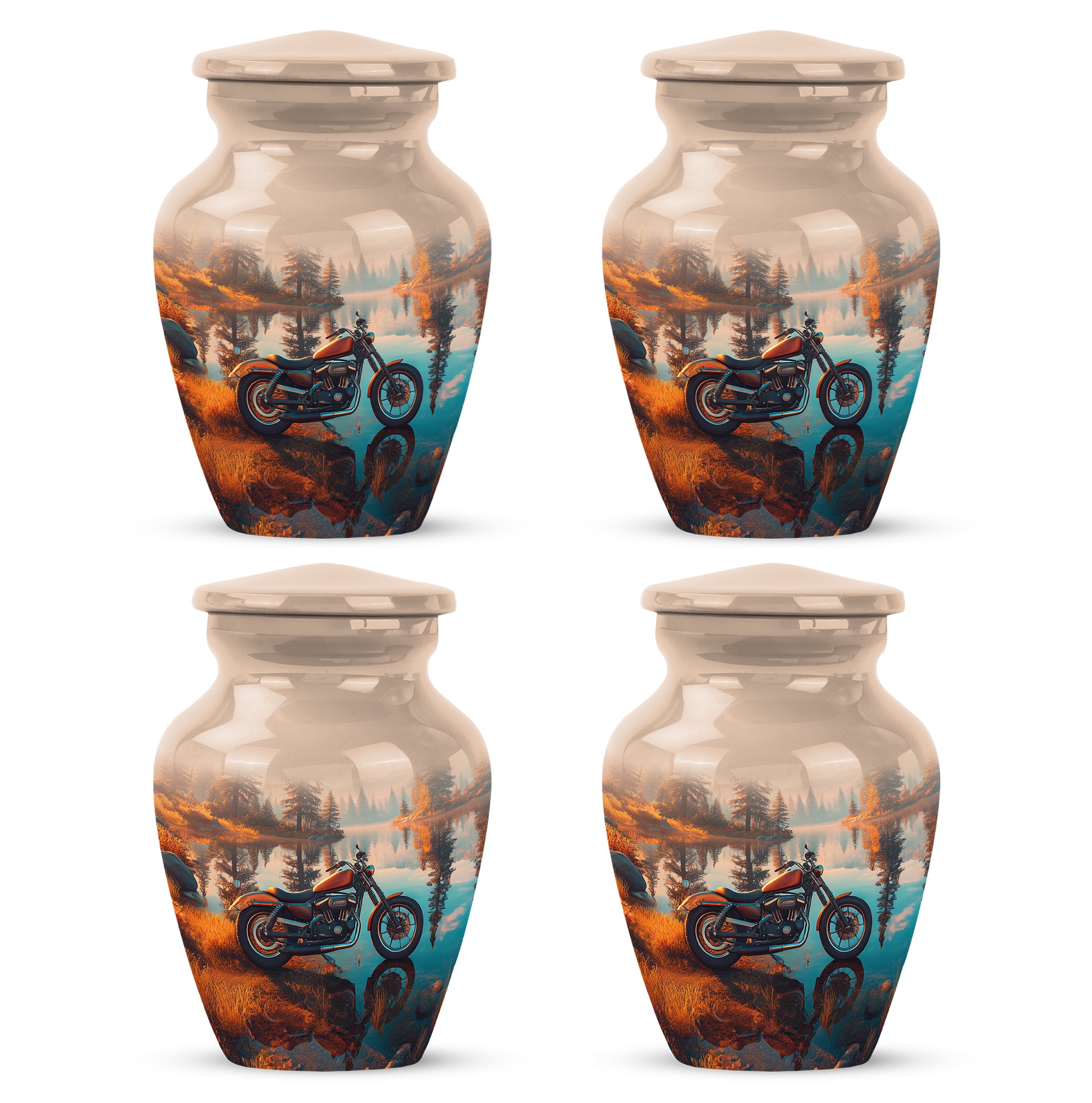 Burnished Gold Bike Cremation Urn side profile showing urn shape - traditional bike engraving with hand-polished finish - 10 inch aluminum urn for cremated remains