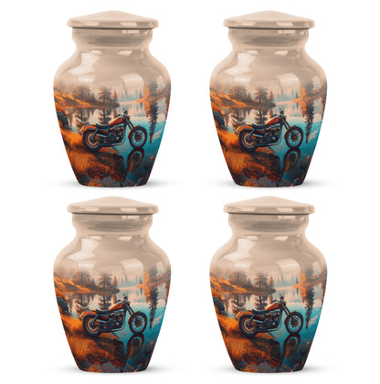 Burnished Gold Bike Cremation Urn side profile showing urn shape - traditional bike engraving with hand-polished finish - 10 inch aluminum urn for cremated remains
