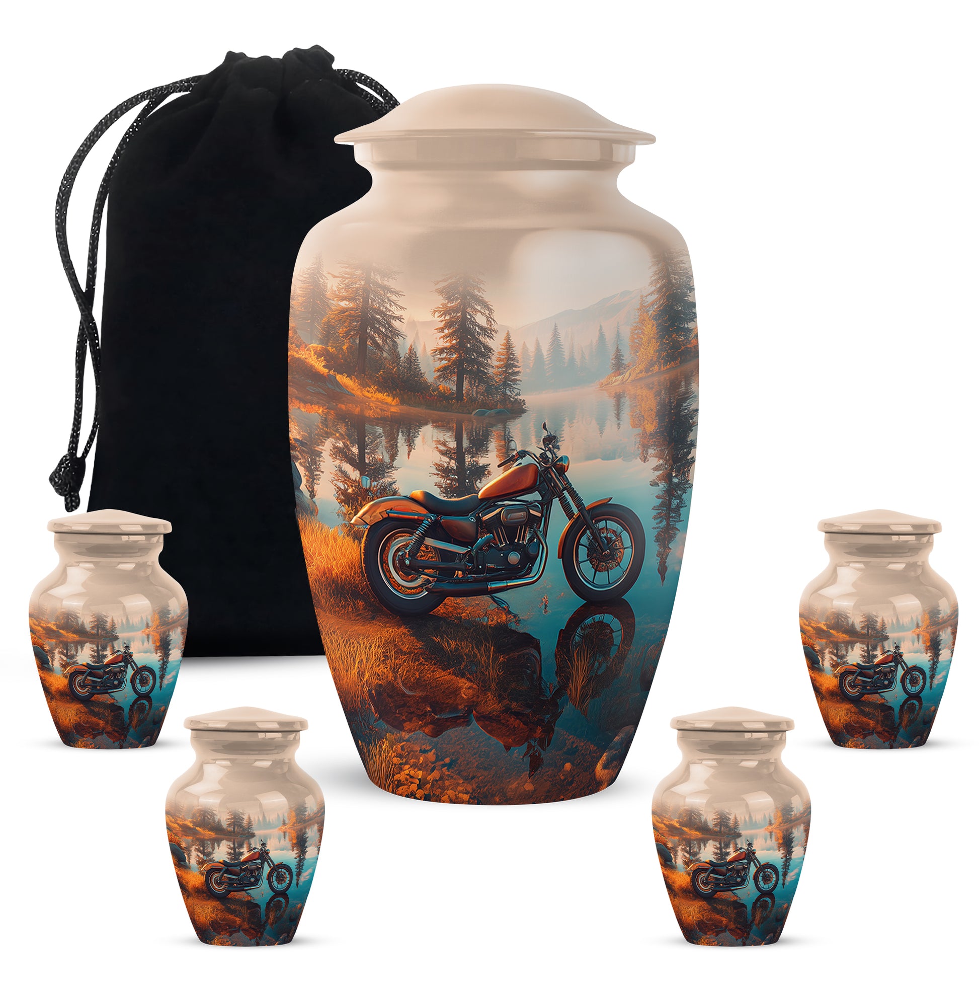 Amber Gold Bike Cremation Urn top-down view of secure threaded lid - timeless bike motif etched into premium metal - memorial set with one large and four small urns