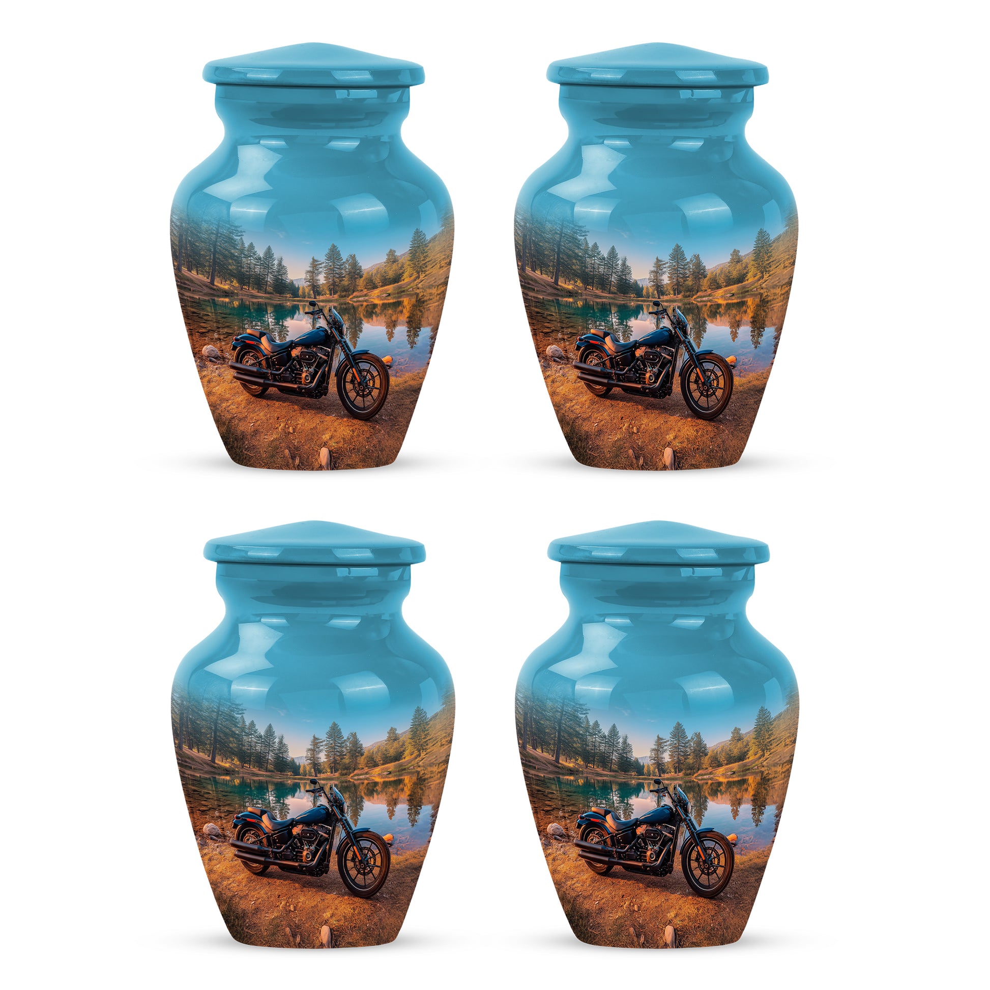 Sea Green Teal Bike Cremation Urn side profile showing urn shape - classic sculpted bike pattern on smooth aluminum - 10 inch aluminum urn for cremated remains
