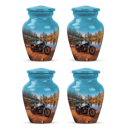 Sea Green Teal Bike Cremation Urn side profile showing urn shape - classic sculpted bike pattern on smooth aluminum - 10 inch aluminum urn for cremated remains