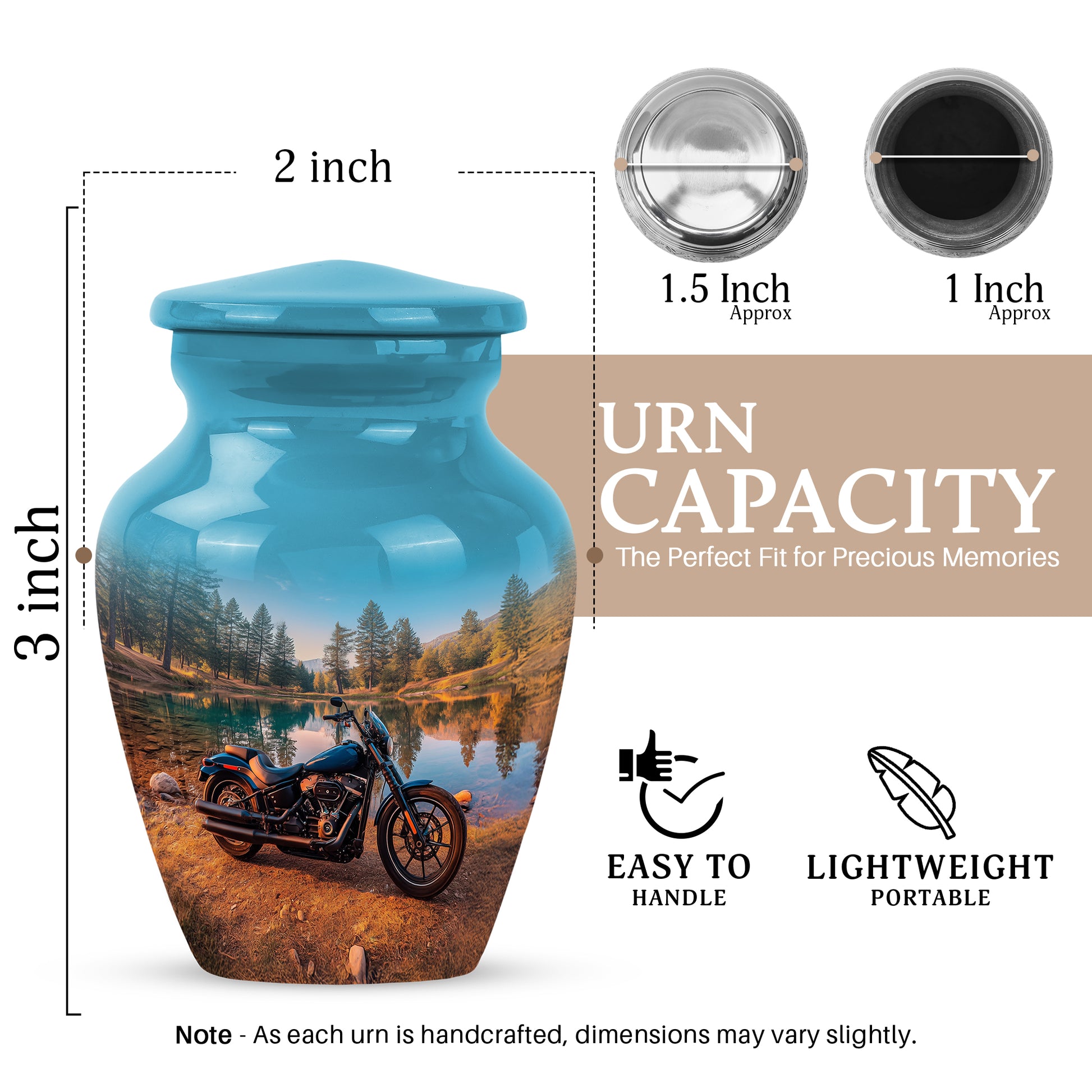 Cool Teal Bike Cremation Urn close-up of engraving and surface detail - classic sculpted bike pattern on smooth aluminum - mini keepsake memorial for portion of cremation ashes