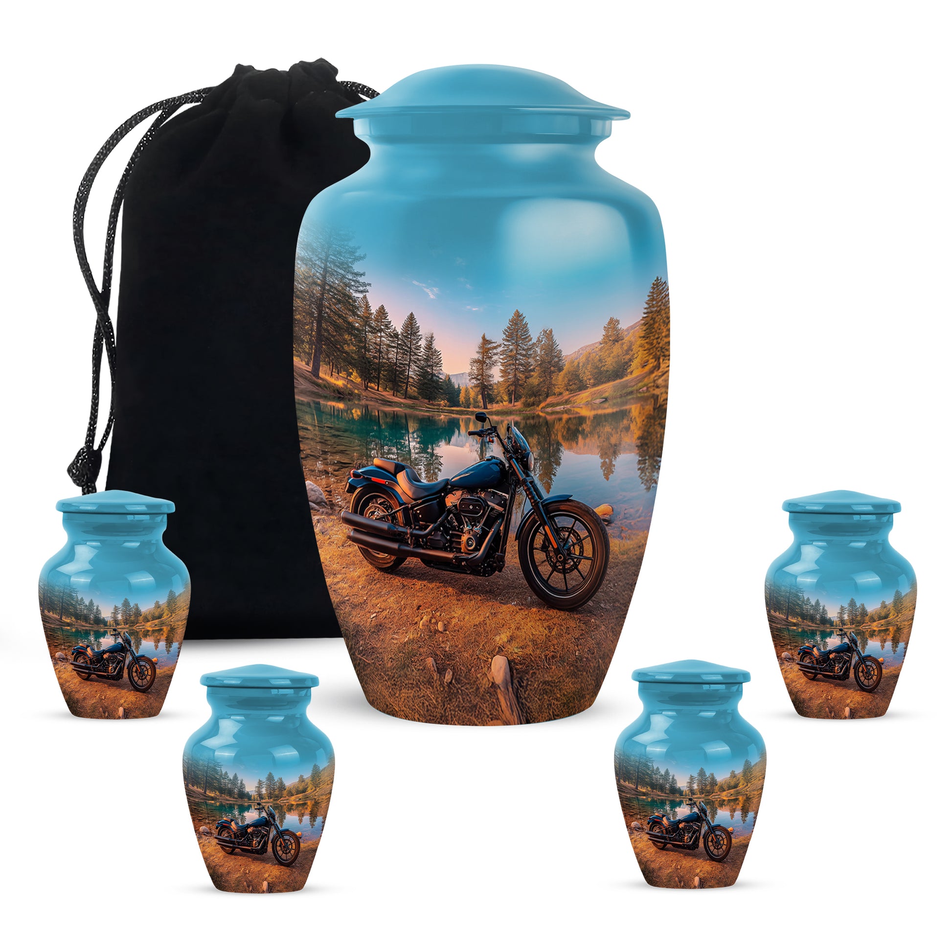 Vivid Teal Bike Cremation Urn top-down view of secure threaded lid - traditional bike engraving with hand-polished finish - memorial set with one large and four small urns
