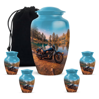 Vivid Teal Bike Cremation Urn top-down view of secure threaded lid - traditional bike engraving with hand-polished finish - memorial set with one large and four small urns