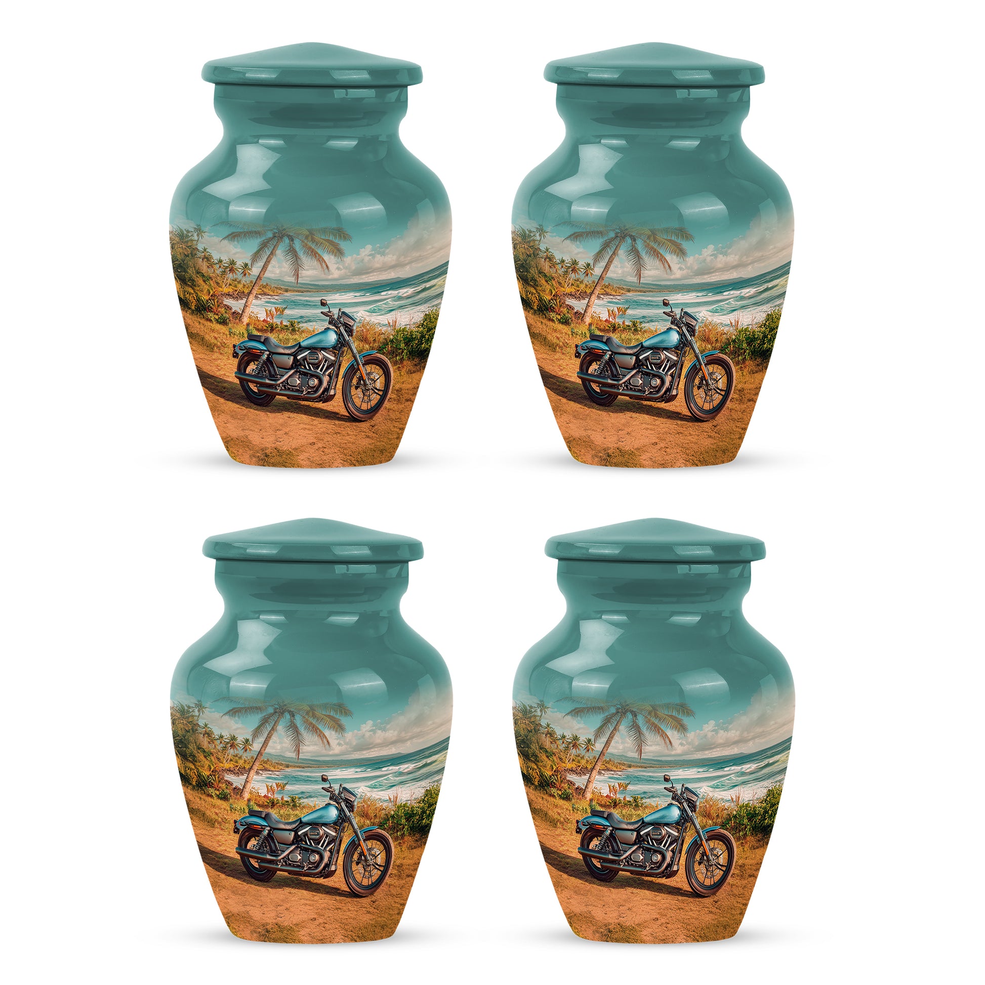 Aqua Teal Bike Cremation Urn side profile showing urn shape - elegant classic bike relief with fine detailing - 10 inch aluminum urn for cremated remains