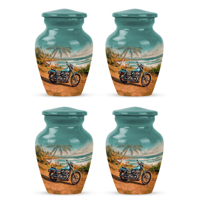 Aqua Teal Bike Cremation Urn side profile showing urn shape - elegant classic bike relief with fine detailing - 10 inch aluminum urn for cremated remains