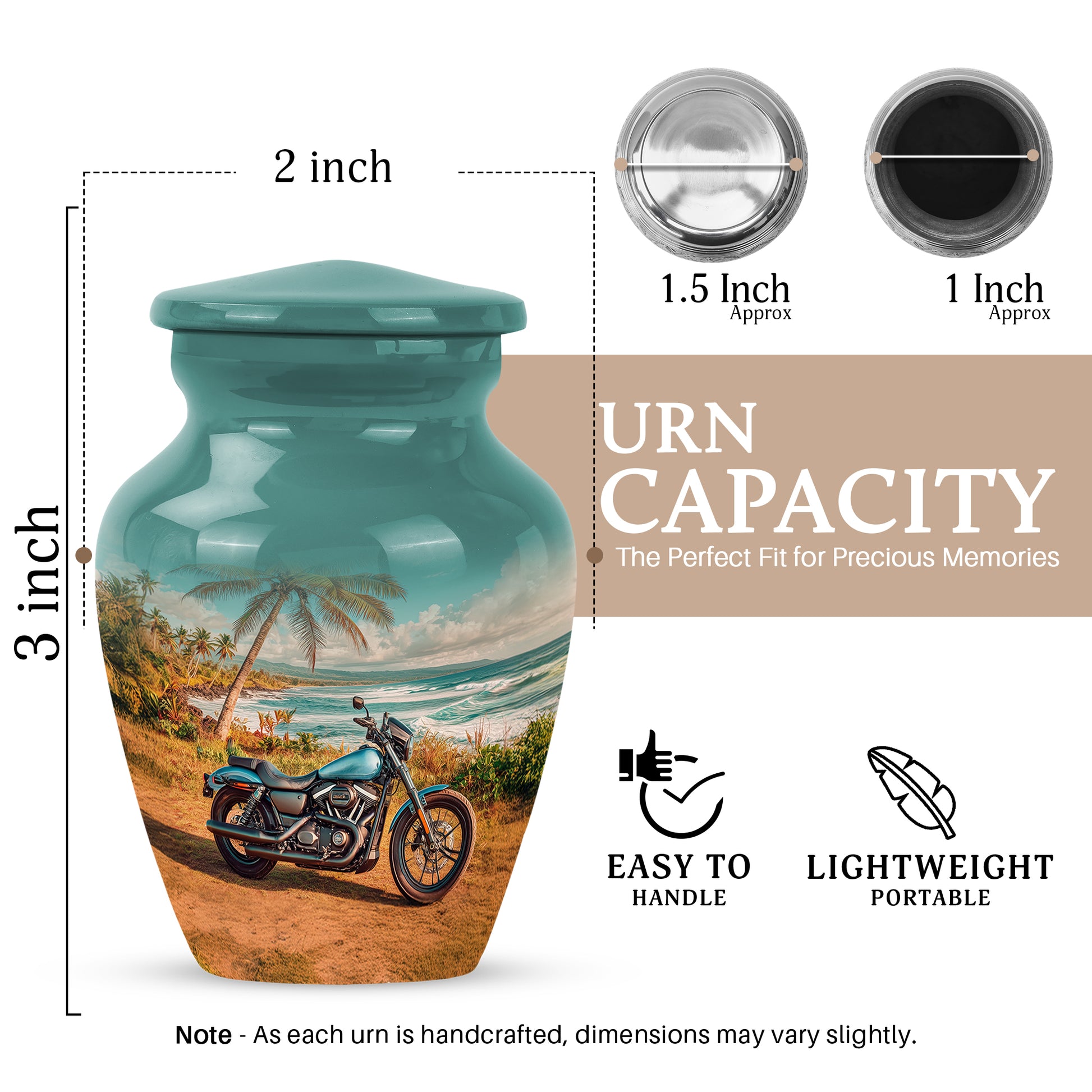 Sea Green Teal Bike Cremation Urn close-up of engraving and surface detail - timeless bike motif etched into premium metal - mini keepsake memorial for portion of cremation ashes