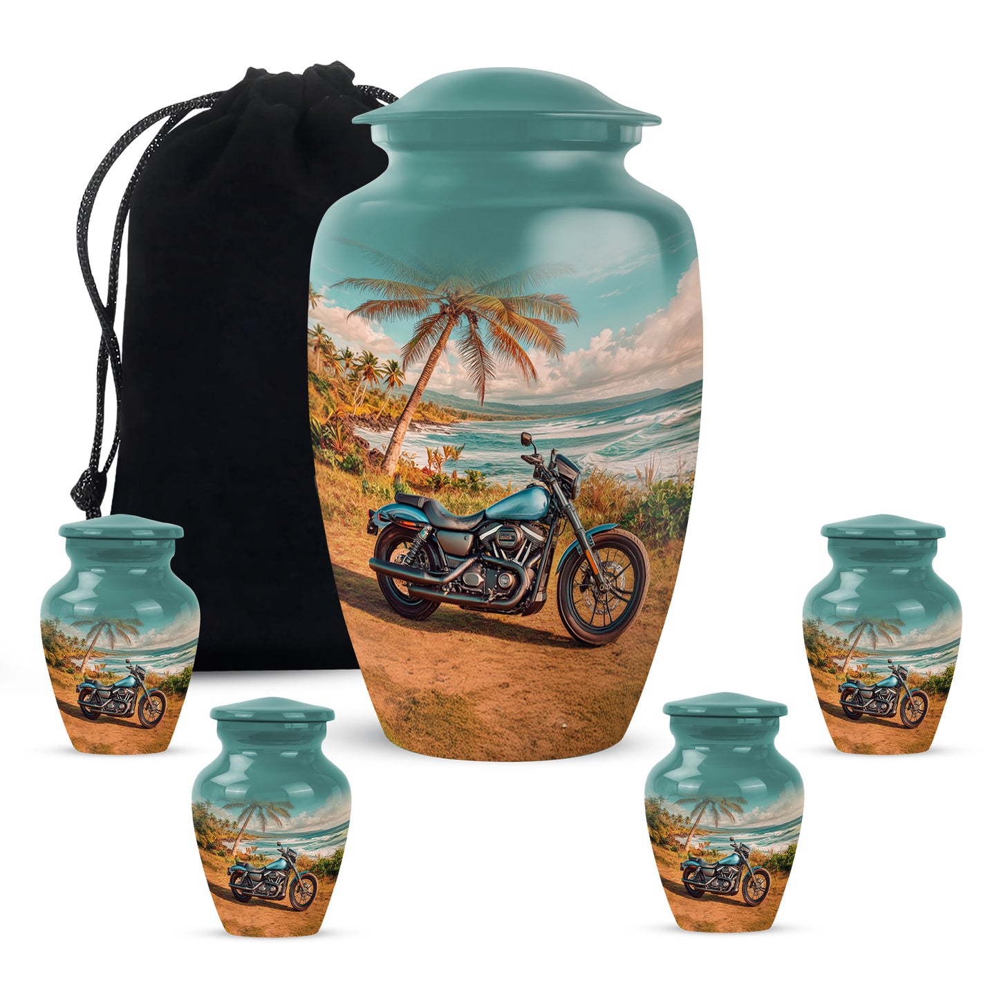 Deep Teal Bike Cremation Urn top-down view of secure threaded lid - traditional bike engraving with hand-polished finish - memorial set with one large and four small urns