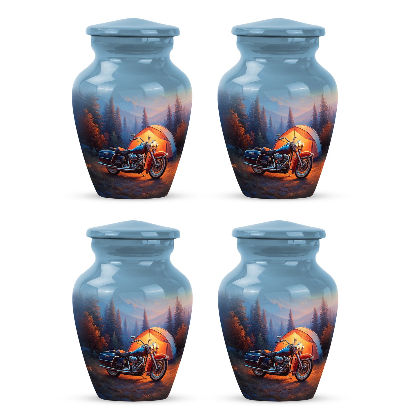 Calming Blue Bike Cremation Urn side profile showing urn shape - traditional bike engraving with hand-polished finish - 10 inch aluminum urn for cremated remains