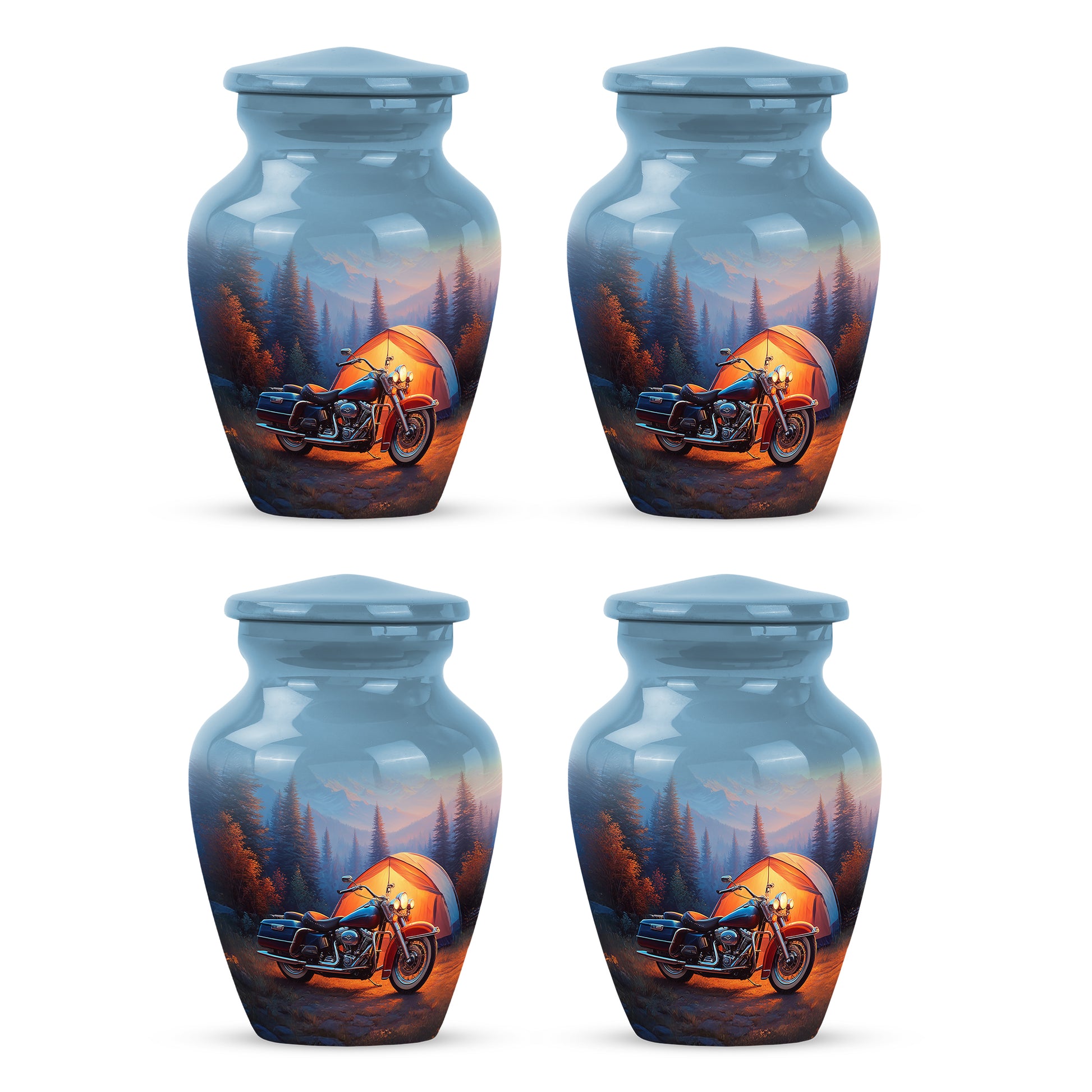 Calming Blue Bike Cremation Urn side profile showing urn shape - traditional bike engraving with hand-polished finish - 10 inch aluminum urn for cremated remains