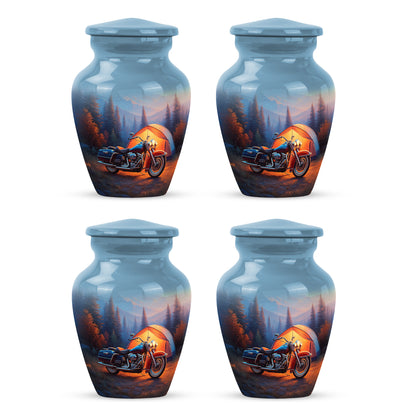 Calming Blue Bike Cremation Urn side profile showing urn shape - traditional bike engraving with hand-polished finish - 10 inch aluminum urn for cremated remains