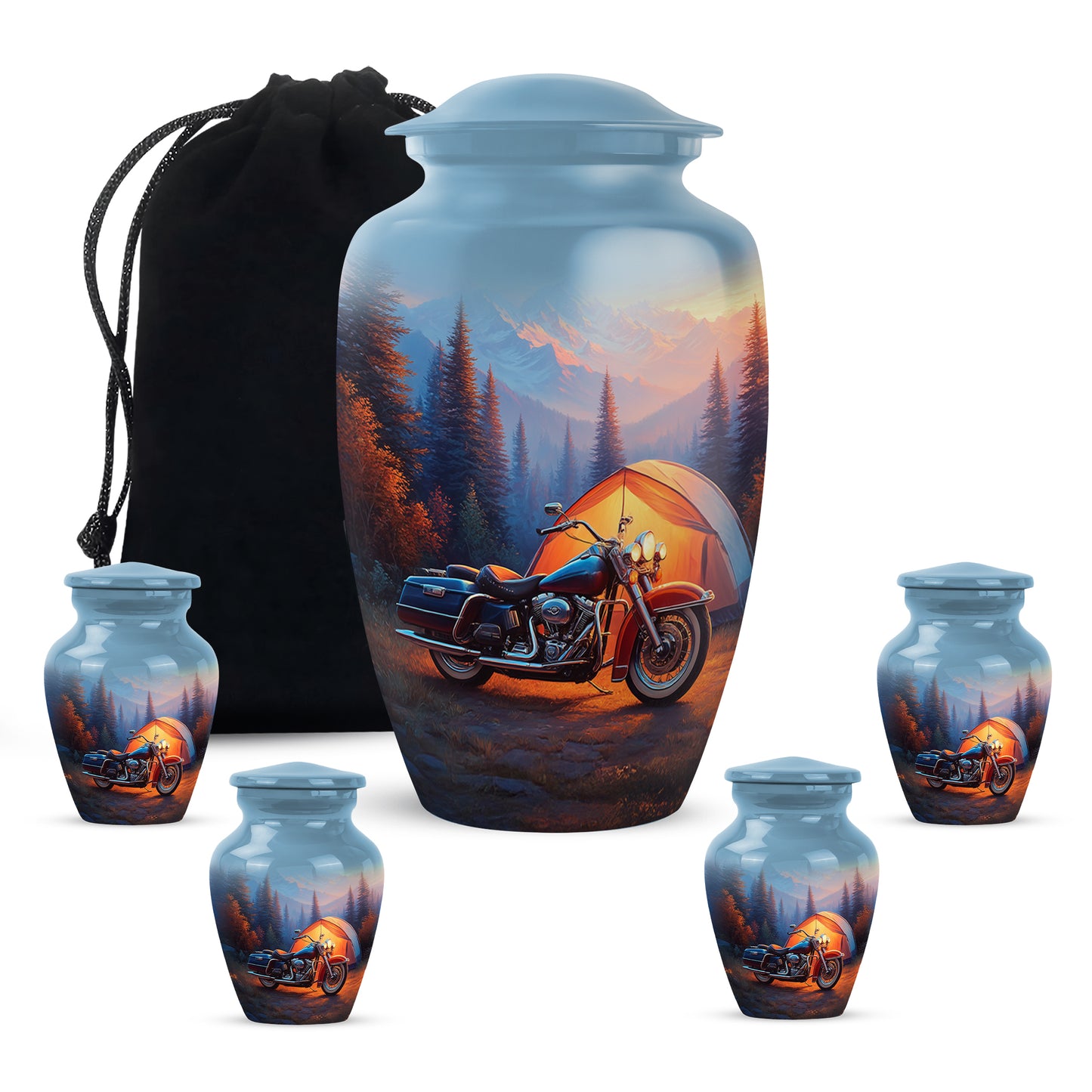 Azure Bike Cremation Urn top-down view of secure threaded lid - timeless bike motif etched into premium metal - memorial set with one large and four small urns