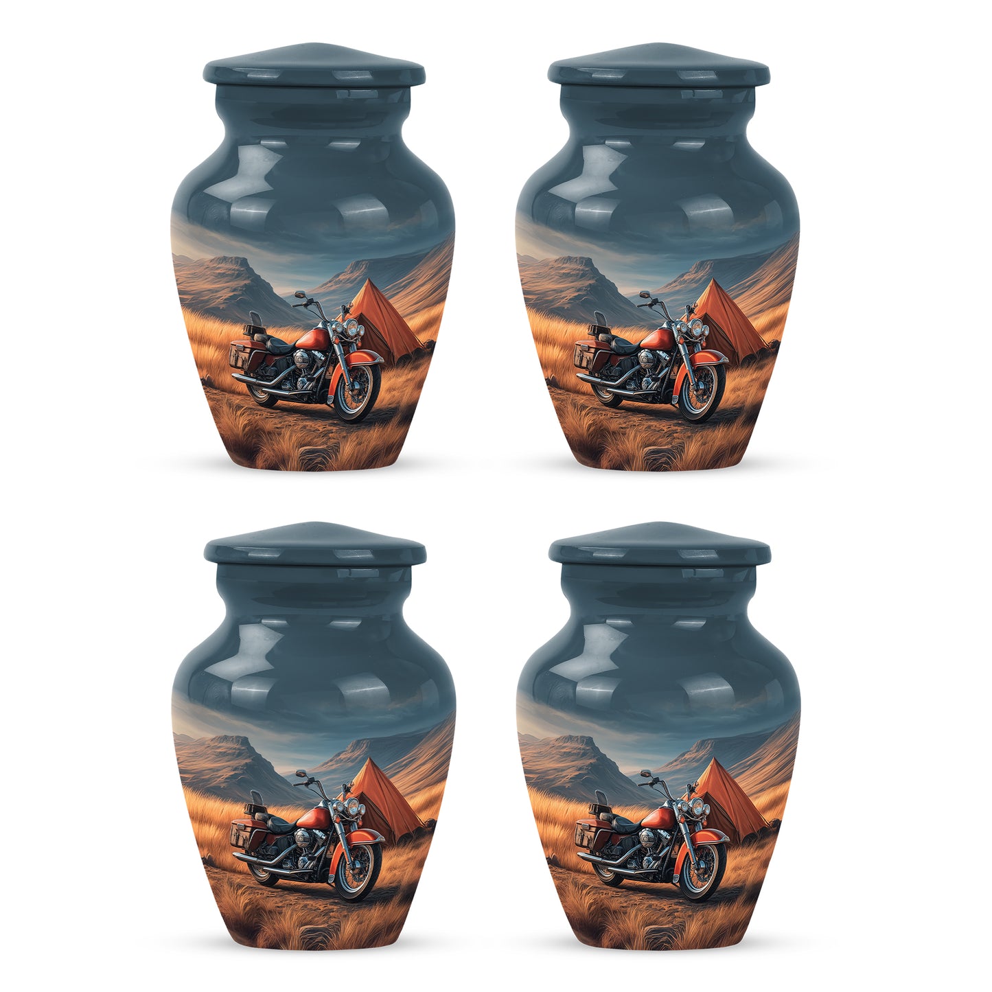 Icy Blue Bike Cremation Urn side profile showing urn shape - timeless bike motif etched into premium metal - 10 inch aluminum urn for cremated remains