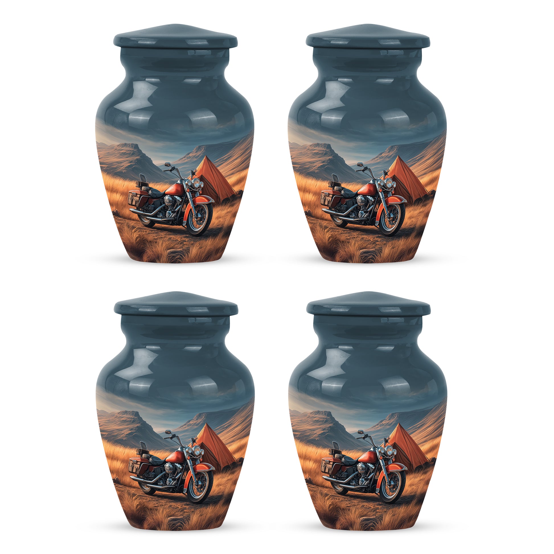 Icy Blue Bike Cremation Urn side profile showing urn shape - timeless bike motif etched into premium metal - 10 inch aluminum urn for cremated remains
