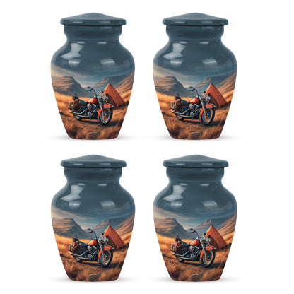 Icy Blue Bike Cremation Urn side profile showing urn shape - timeless bike motif etched into premium metal - 10 inch aluminum urn for cremated remains