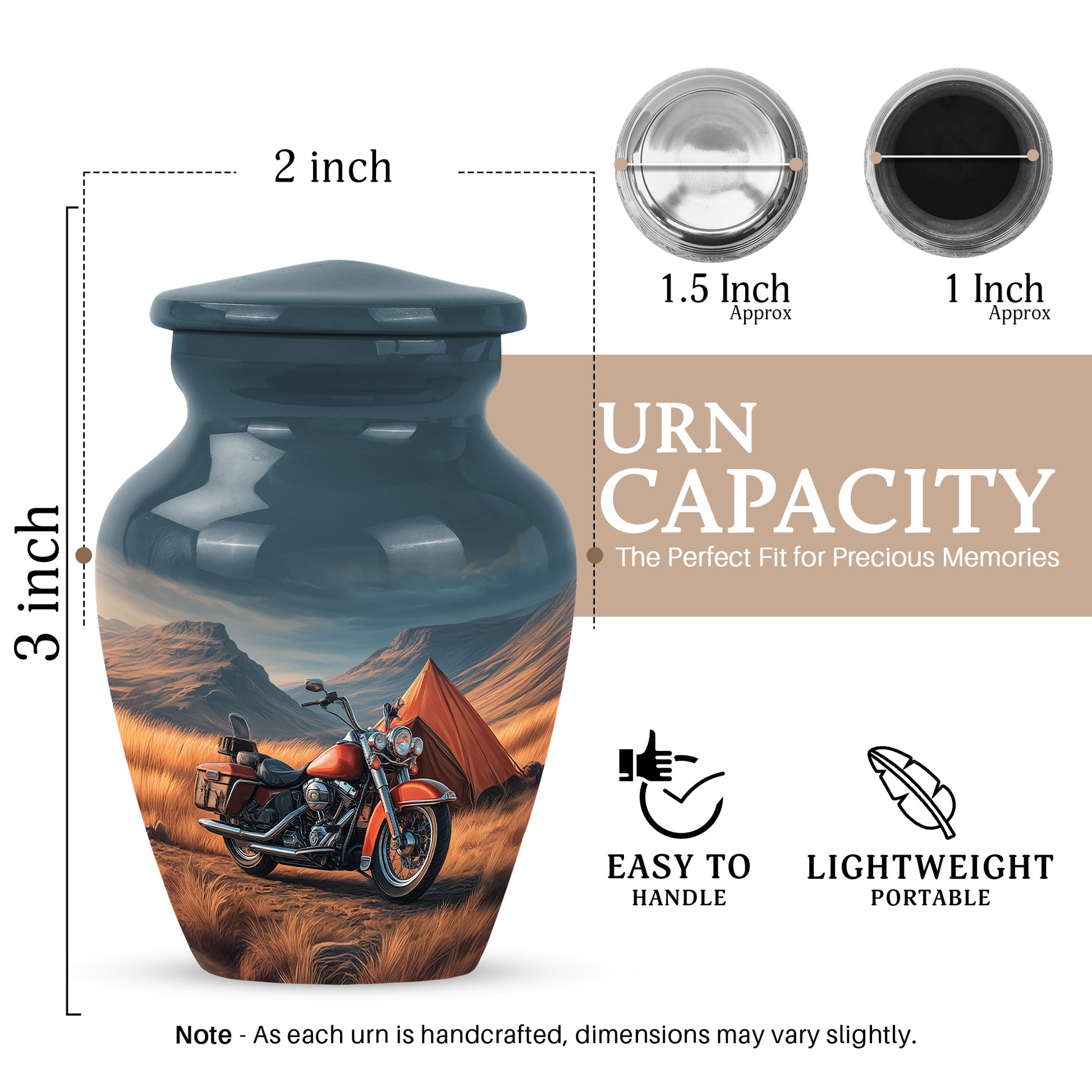 Vivid Blue Bike Cremation Urn close-up of engraving and surface detail - traditional bike engraving with hand-polished finish - mini keepsake memorial for portion of cremation ashes
