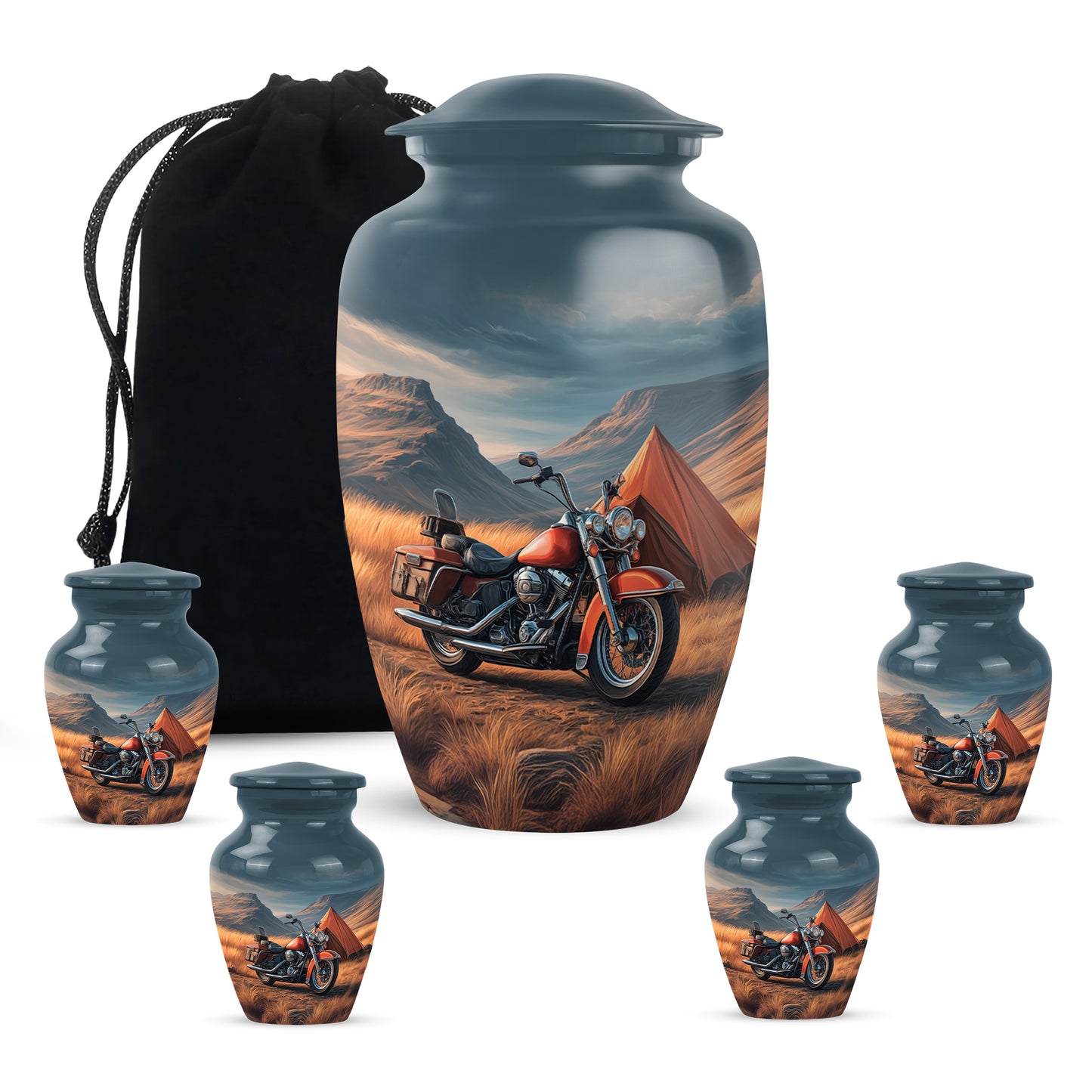 Sky Blue Bike Cremation Urn top-down view of secure threaded lid - timeless bike motif etched into premium metal - memorial set with one large and four small urns