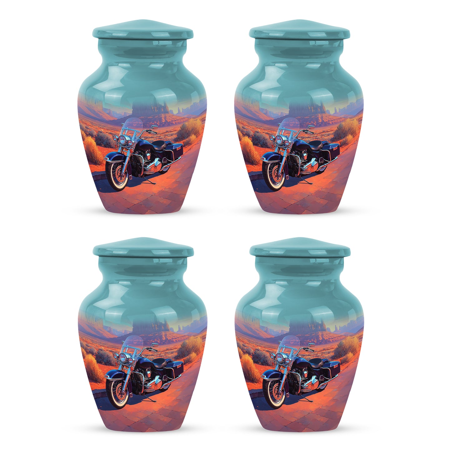 Ocean Teal Bike Cremation Urn side profile showing urn shape - classic sculpted bike pattern on smooth aluminum - 10 inch aluminum urn for cremated remains