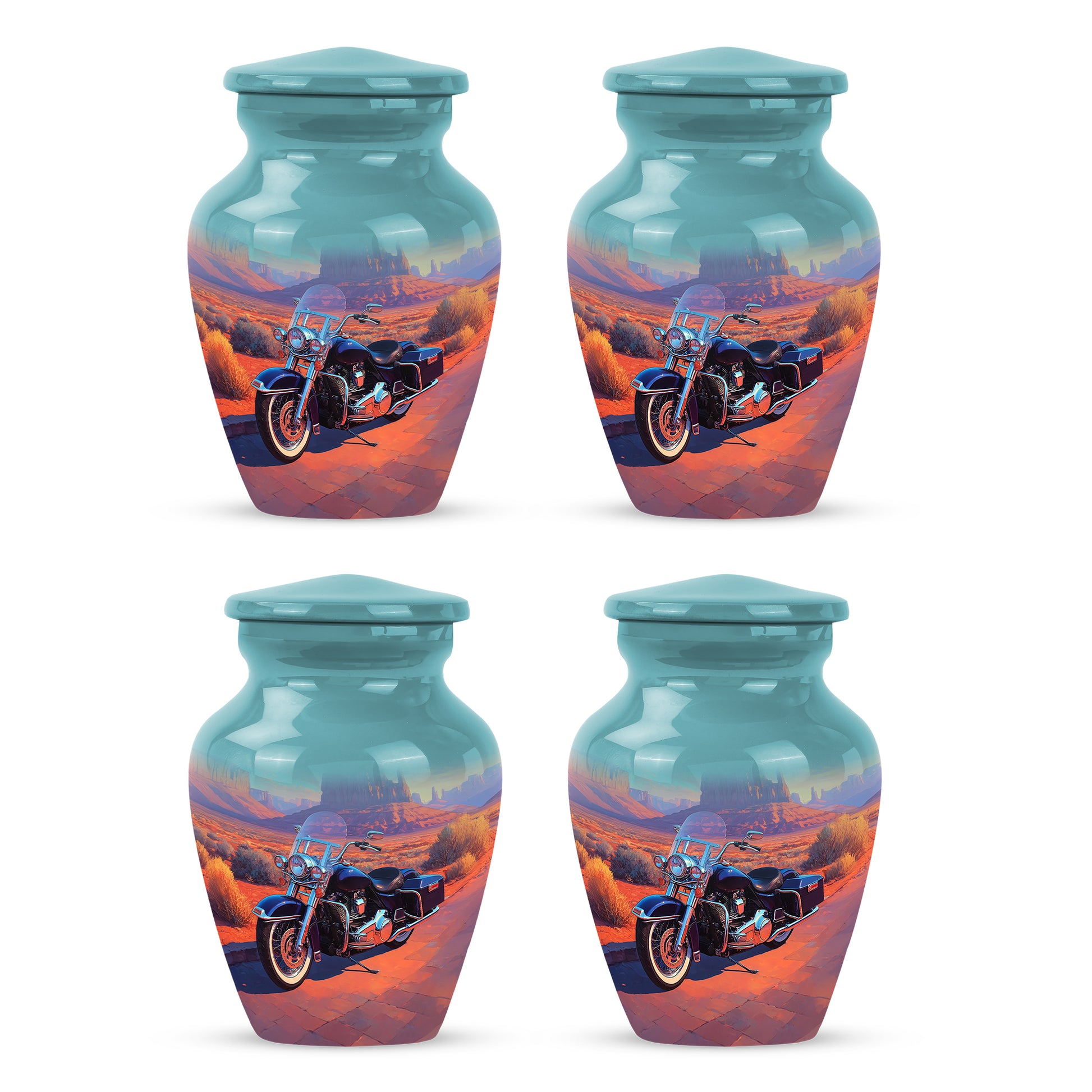 Ocean Teal Bike Cremation Urn side profile showing urn shape - classic sculpted bike pattern on smooth aluminum - 10 inch aluminum urn for cremated remains