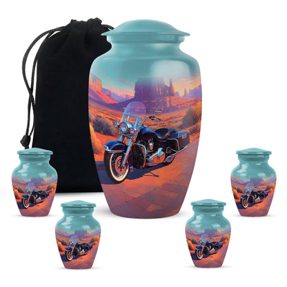Mystic Teal Bike Cremation Urn top-down view of secure threaded lid - elegant classic bike relief with fine detailing - memorial set with one large and four small urns