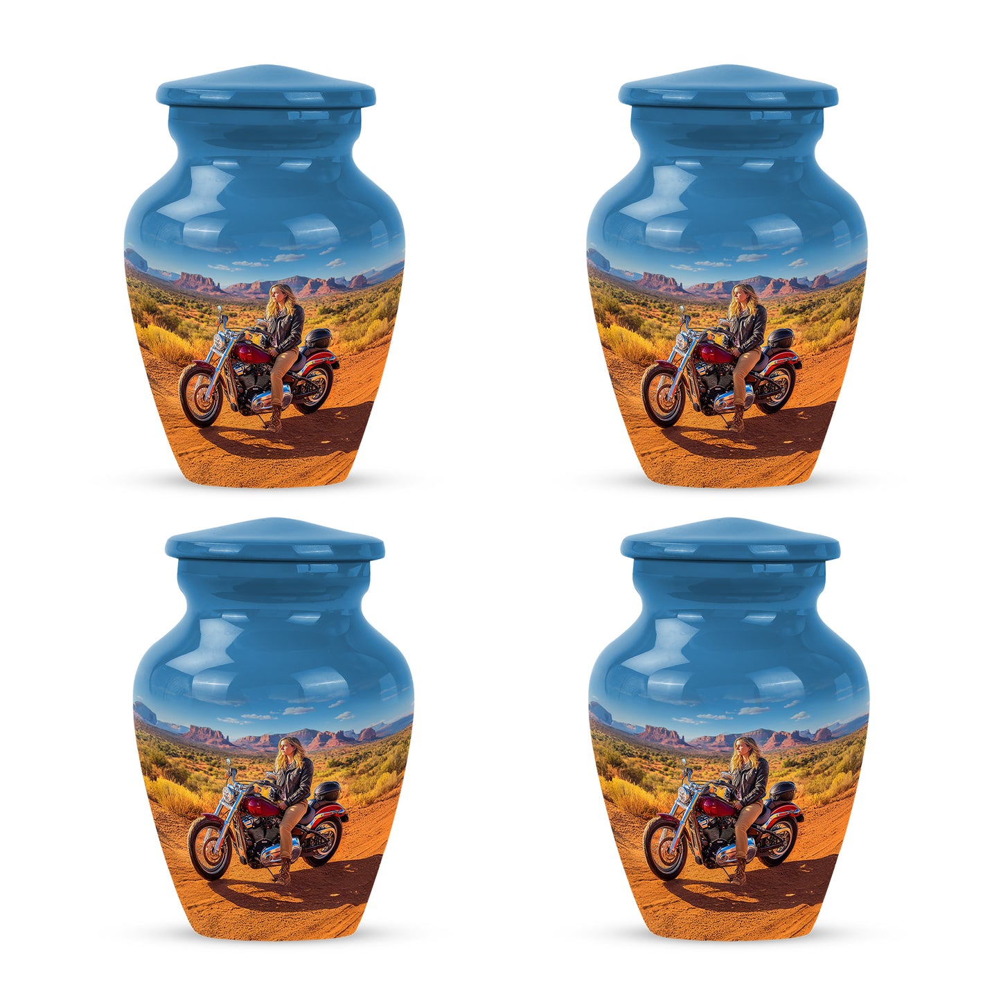 Sky Blue Bike Cremation Urn side profile showing urn shape - classic sculpted bike pattern on smooth aluminum - 10 inch aluminum urn for cremated remains