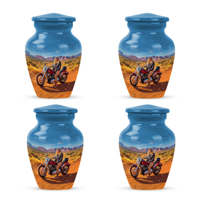 Sky Blue Bike Cremation Urn side profile showing urn shape - classic sculpted bike pattern on smooth aluminum - 10 inch aluminum urn for cremated remains