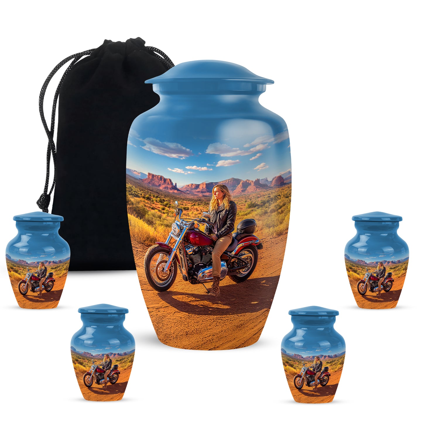 Slate Blue Bike Cremation Urn top-down view of secure threaded lid - timeless bike motif etched into premium metal - memorial set with one large and four small urns