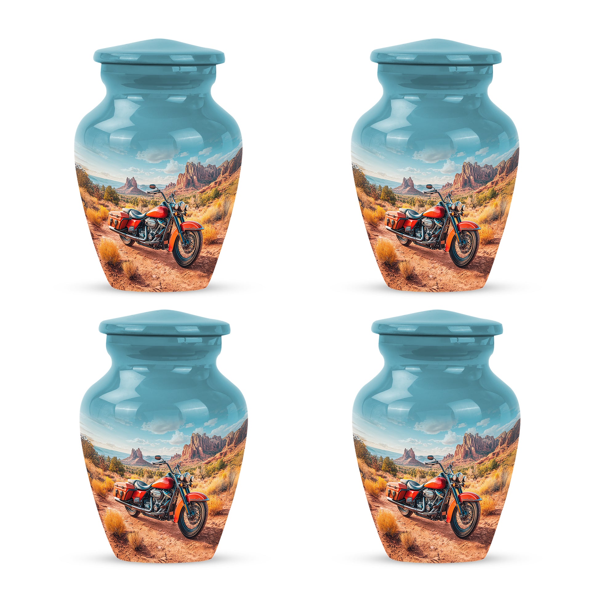 Soft Teal Bike Cremation Urn side profile showing urn shape - timeless bike motif etched into premium metal - 10 inch aluminum urn for cremated remains