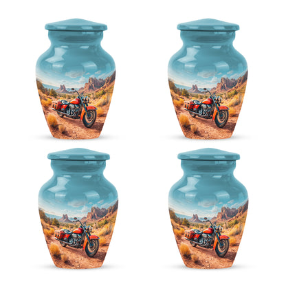 Soft Teal Bike Cremation Urn side profile showing urn shape - timeless bike motif etched into premium metal - 10 inch aluminum urn for cremated remains