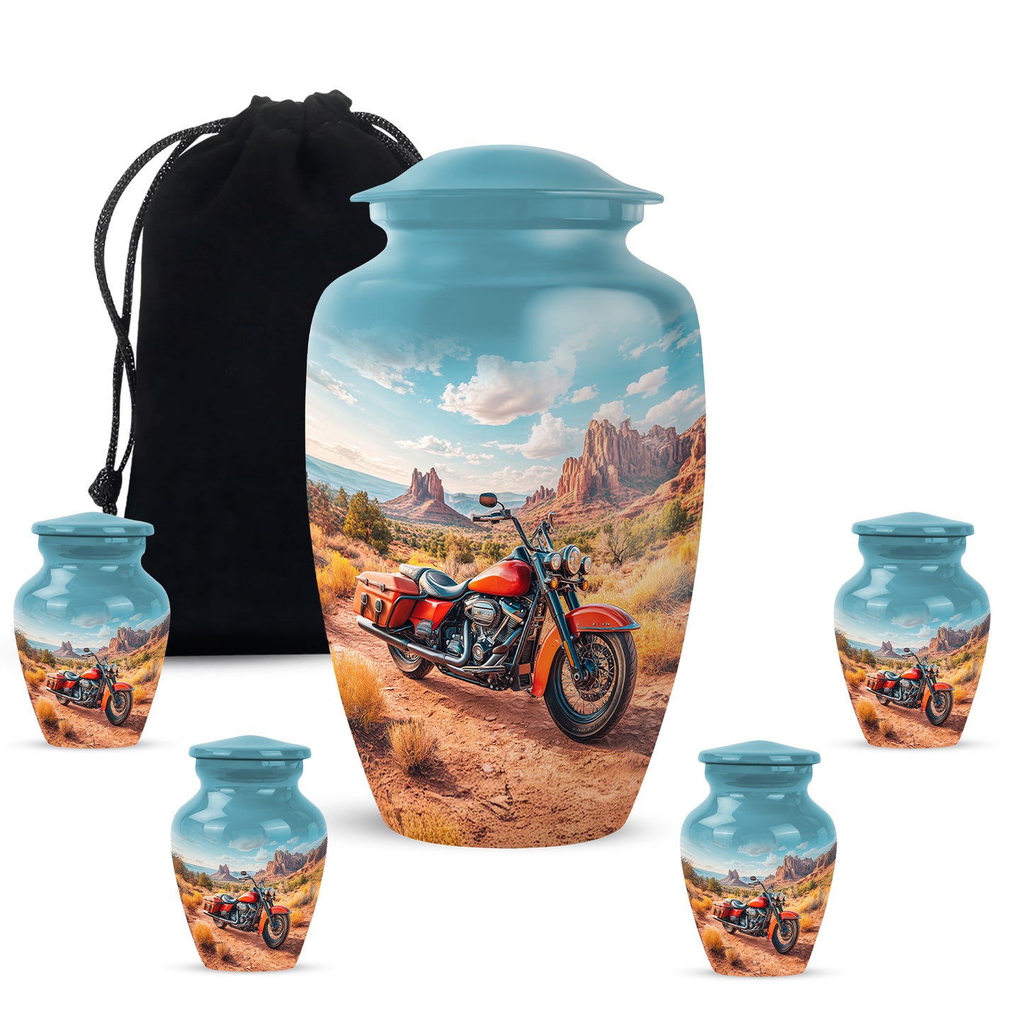 Jewel Teal Bike Cremation Urn top-down view of secure threaded lid - classic sculpted bike pattern on smooth aluminum - memorial set with one large and four small urns