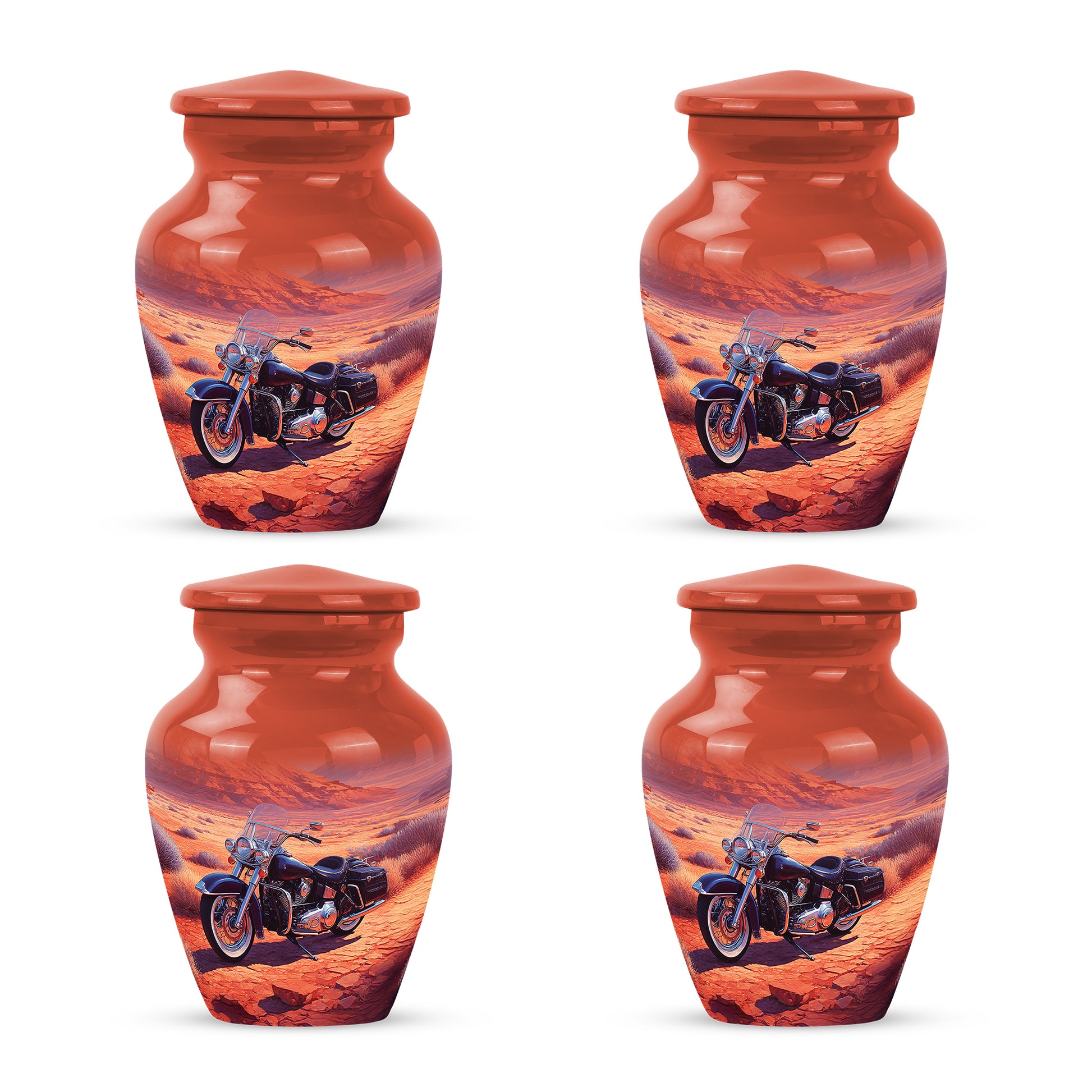 Rich Red Bike Cremation Urn side profile showing urn shape - elegant classic bike relief with fine detailing - 10 inch aluminum urn for cremated remains