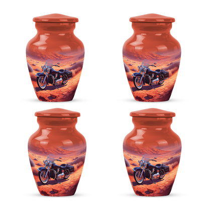 Rich Red Bike Cremation Urn side profile showing urn shape - elegant classic bike relief with fine detailing - 10 inch aluminum urn for cremated remains