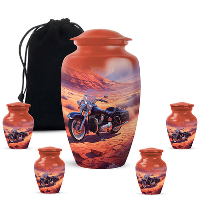 Deep Red Bike Cremation Urn top-down view of secure threaded lid - timeless bike motif etched into premium metal - memorial set with one large and four small urns